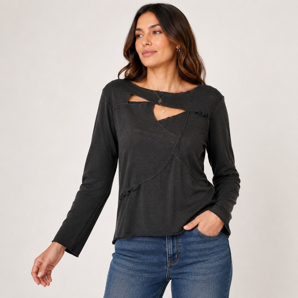 Clorinda Italy Merino Wool Blend Cutout Asymmetrical Ribbed Sweater Black Medium